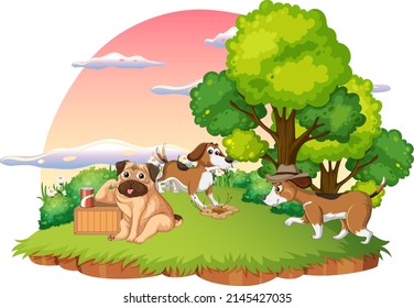 Domestic animals at park scene illustration