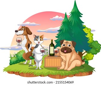 Domestic animals at park scene illustration