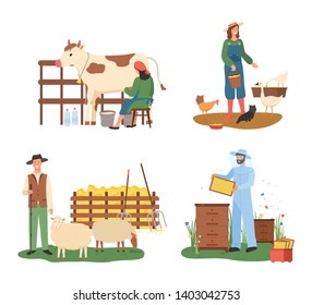 Domestic animals and people tending for pets vector, cow and sheep, woman feeding chicken hen. Beekeeping male wearing uniform, beekeeper flat style