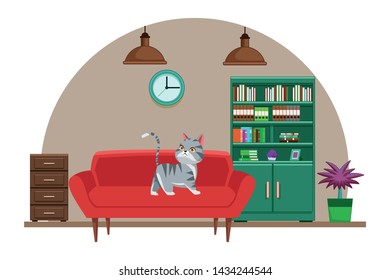 domestic animals and pet with cat over a couch indor with hanging lamp, bookshelf, clock, plant pot and drawer unit icon cartoon vector illustration graphic design