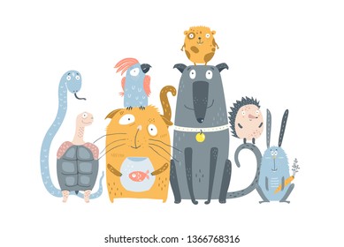 Domestic Animals Pet Shop. Many cute pets sitting together graphic design. Vector illustration