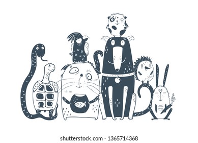 Domestic Animals Pets together Portrait. Cute monochrome home domestic animals sitting together.