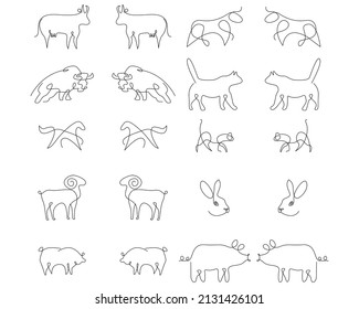domestic animals pig horse cat cow sheep hand drawn line art collection