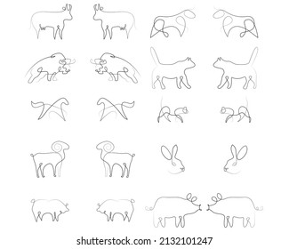 domestic animals pig horse cat cow sheep hand drawn line art collection