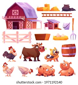 Domestic animals and poultry, barn and chicken coop isolated icons set. Vector collection of farm animals, cow and pigs, hen and rooster, dog. Pitchfork and nest with eggs, wood fence, bucket and hay