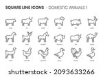 Domestic animals related, pixel perfect, editable stroke, up scalable square line vector icon set. 