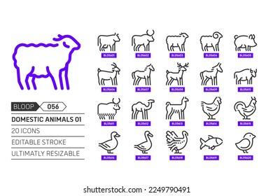 Haustiere verwandt, Pixel perfekt, bearbeitbarer Strich, nach oben skalierbar, Linie, Vektorblock-Symbol-Set. 