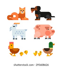 Domestic Animals Set. Cat, Dog, Goat, Pig, Chicken With Chickens, Duck With Ducklings. Vector Flat Illustration.