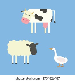 Domestic animals set. Flat style animals. Cow, sheep, goose. Vector illustration.