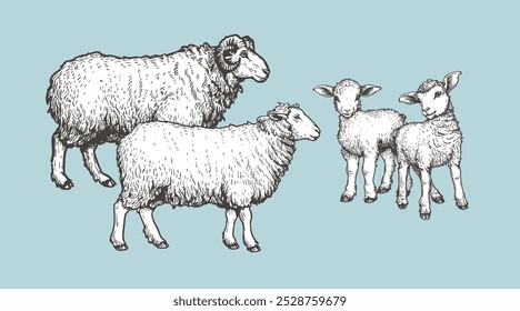 Domestic animals set. Sheep, ram and lambs. Hand drawn sketch vintage style. Vector illustrations.