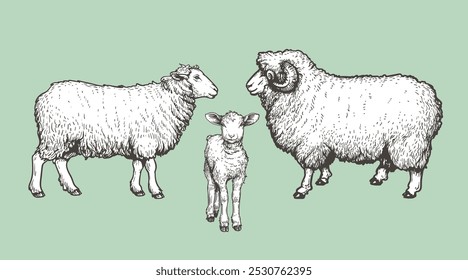 Domestic animals set. Sheep, ram and lamb. Hand drawn sketch vintage style. Vector illustrations.