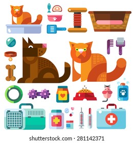 Domestic Animals With Their Toys. Pet Shop . Accessories, Goods For Care Of Pets In Icons, Color Vector Flat Illustration