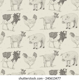 Domestic animals vector drawings seamless pattern with goat, cow,pig and chicken 