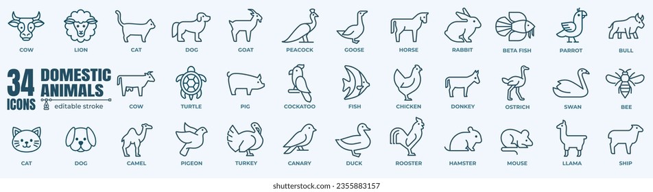 domestic Animals Vector Icons . Thin line creature icons set. Simple vector icons.Editable line