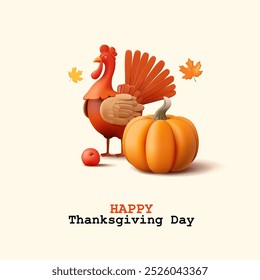 Domestic bird turkey, leaves, pumpkins, apple, 3D. Beautiful festive autumn banner for concepts of celebration of the American traditional holiday, Thanksgiving Day. Vector illustration.