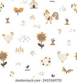Domestic birds seamless pattern. Village farm. Hen, rooster and chicks. Vector hand drawn cute characters. Trendy doodle Scandinavian style, beige neutral palette