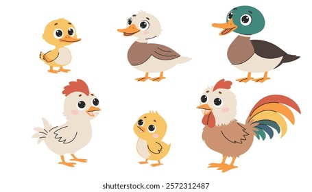 Domestic birds with their children. Chicken, rooster, chicken, duck, duckling, sparrow, duckling. Set of flat vector illustrations on white background.