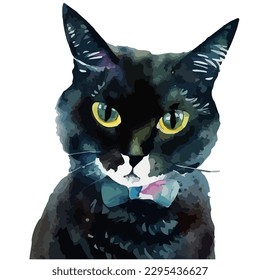 Domestic black cat portrait painting in watercolor style, vector EPS 10 illustration 