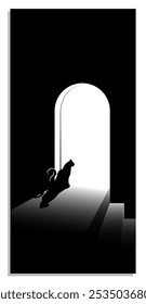 Domestic black cat sits at open door waiting for owner. Silhouette of cat on minimalistic background. Black and white vertical vector illustration