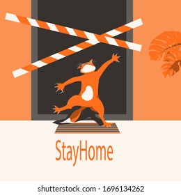 The domestic cat blocks the exit from the house to the COVID-19 pandemic and quarantine. The concept of stay home. Cartoon character humorous vector illustration.