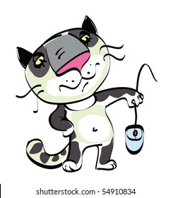 Domestic Cat with the computer mouse