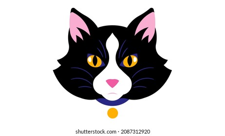 Domestic cat. Feline head - yellow eyes, ears, pink nose, black cat fur, whiskers. Cat`s face, Front view. Stylized vector illustration. Isolated