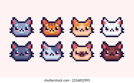 Domestic cat front face pixel art set. Cute kitty head collection. 8 bit sprite. Game development, mobile app.  Isolated vector illustration.