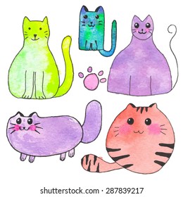 Domestic cat. Hand-drawn set of cartoon pets. Real watercolor drawing. Vector illustration. Traced painting