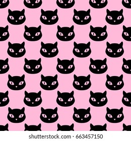 Domestic cat head pet silhouettes seamless pattern, vector background illustration in black over pink.