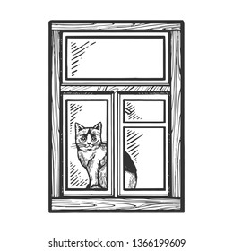 Domestic cat looking out window sketch engraving vector illustration. Scratch board style imitation. Black and white hand drawn image.