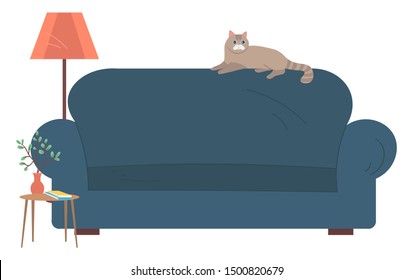 Gato doméstico tendido en el sofá, nadie en un lugar blando, lámpara y mesa de madera con libros y plantas en jarrón, apartamento o salón sobre blanco. Ilustración vectorial al estilo de las caricaturas planas