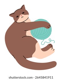 Domestic cat playing with a ball of thread. Flat vector illustration.