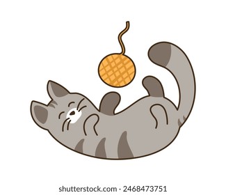 Domestic cat plays with a ball of thread. Cute striped gray pet lying down. Kawaii cheerful animal having fun. For stickers. Doodle style. Isolated on white background. Vector illustration