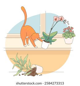 Domestic cat plays pranks at home. Funny and cozy vector illustration.