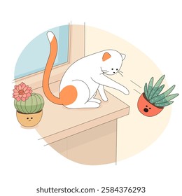 Domestic cat plays pranks at home. Funny and cozy vector illustration.