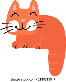 Domestic cat. Red kitty. Cartoon pet smiles at kids. Hand drawn cute animal for baby products design, baby fabric, fun textile, kindergarten icon. Vector flat illustration of pussy cat in doodle style