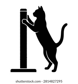 Domestic cat scratching a post climbing silhouette vector illustration. Playful kitten sharpening claws icon design element.