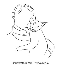 Domestic cat sits in arms its owner  Showing love   caresses to pet  Animal care  welfare   protection concept  Man and cat  Adoption pets  Volunteering at an animal shelter  Sketch