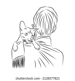 Domestic cat sits shoulder its owner  Showing love   caresses to pet  Animal care  welfare   protection concept  Man and cat  Adoption pets  Volunteering at an animal shelter  Sketch