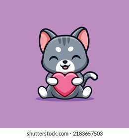 Domestic Cat Sitting Love Cute Creative Kawaii Cartoon Mascot Logo