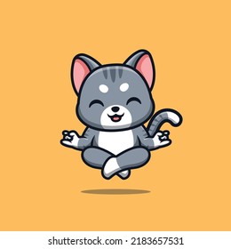 Domestic Cat Sitting Meditation Cute Creative Kawaii Cartoon Mascot Logo