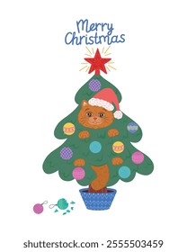 A domestic cat is sitting on a Christmas tree, playing with toys and hitting them. Flat pattern for a winter holiday print. For Christmas and New Year cards, stickers, designs with a funny cute cat.