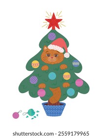 A domestic cat is sitting on a Christmas tree, playing with toys and hitting them. Flat pattern for a winter holiday print. For Christmas and New Year cards, stickers, designs with a funny cute cat.