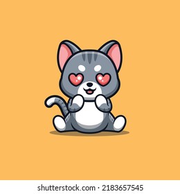 Domestic Cat Sitting Shocked Cute Creative Kawaii Cartoon Mascot Logo