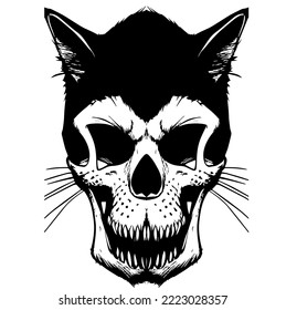 Domestic cat skull cartoon art  for print t shirt or tatoo black and white