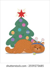 A domestic cat sleeps under a Christmas tree. A cute tired cat is sleeping. Drawing for winter holiday printing, Christmas and New Year cards, stickers, designs with a funny cute cat. Vector illustrat