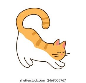 Domestic cat stretching, pulls himself up with his eyes closed. Cute striped orange pet standing. Kawaii funny animal. Isolated image for sticker on white background. Doodle style. Vector illustration