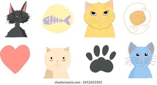 Domestic cat symbols. A set of portraits of cats and cat things. Vector illustration.