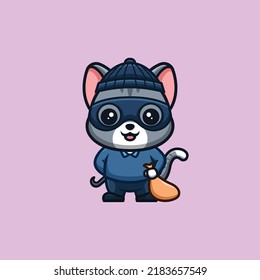 Domestic Cat Thief Cute Creative Kawaii Cartoon Mascot Logo