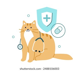 Gato doméstico como médico veterinario con estetoscopio en clínica veterinaria. Medicina veterinaria y concepto de cuidado de mascotas. Ilustración vectorial.
